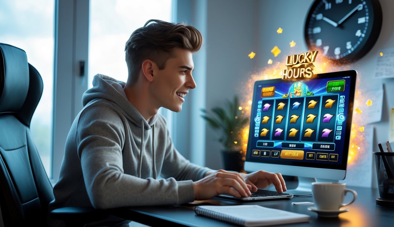 Seorang dewasa muda duduk di meja kerja dengan laptop yang menampilkan permainan slot online, terlihat fokus dan bersemangat dengan latar belakang jam yang menunjukkan waktu tertentu.