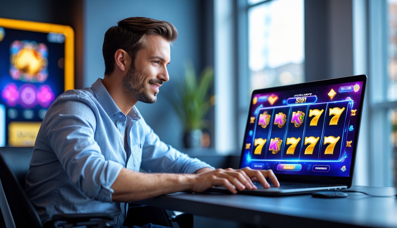 Seorang pria duduk di meja dengan laptop yang menampilkan permainan slot online, tampak fokus dan percaya diri dalam ruangan modern.