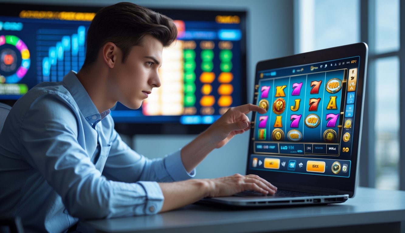 Seorang pria muda duduk di meja dengan laptop yang menampilkan permainan mesin slot, terlihat fokus dan sedang mengatur strategi bermain.