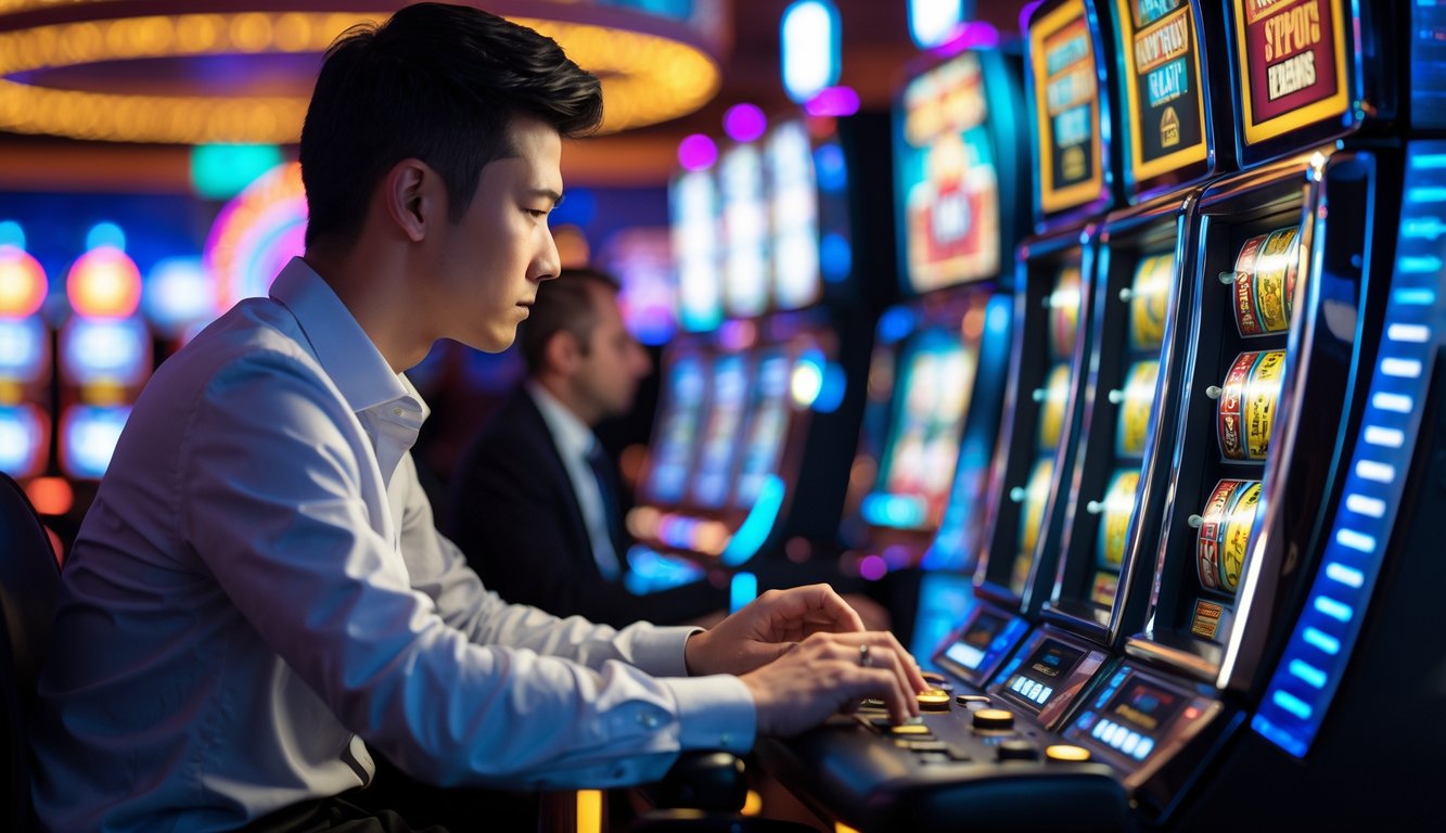 Seorang individu fokus bermain mesin slot di kasino dengan latar belakang mesin slot berwarna-warni.
