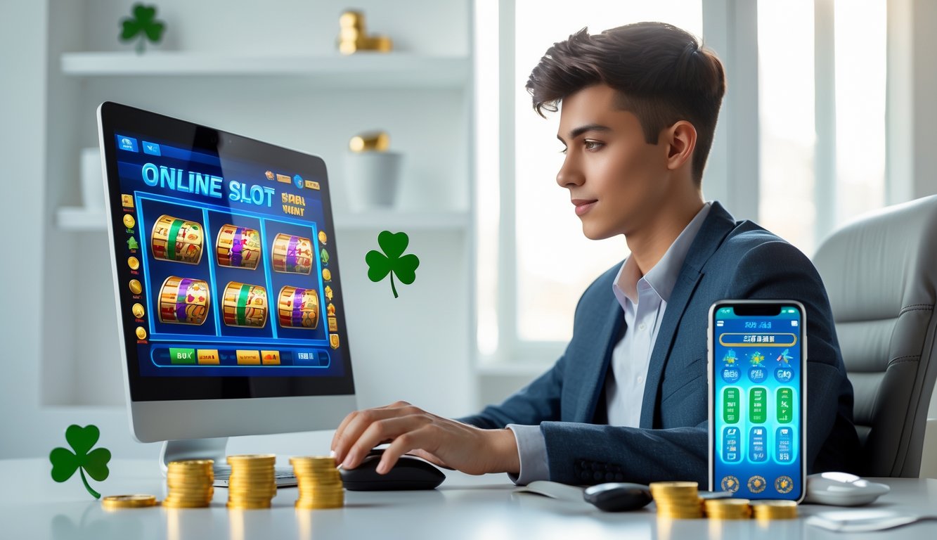 Seseorang duduk di depan laptop dengan layar mesin slot online yang berwarna-warni, menggunakan mouse dan ponsel di meja yang rapi dengan koin emas dan chip poker di sekitarnya.