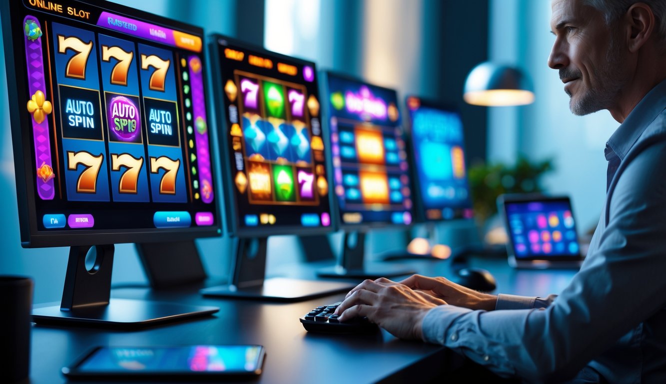 Seorang dewasa duduk di depan komputer dengan layar menampilkan permainan slot online yang berputar, terlihat fokus menggunakan mouse di meja kerja.