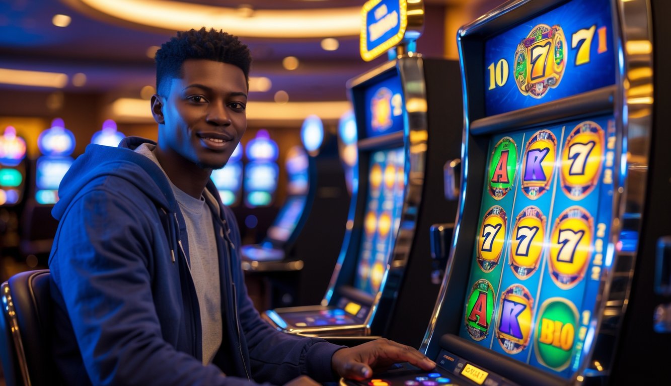 Seorang pemain muda yang percaya diri sedang bermain mesin slot di kasino yang terang dan penuh warna.