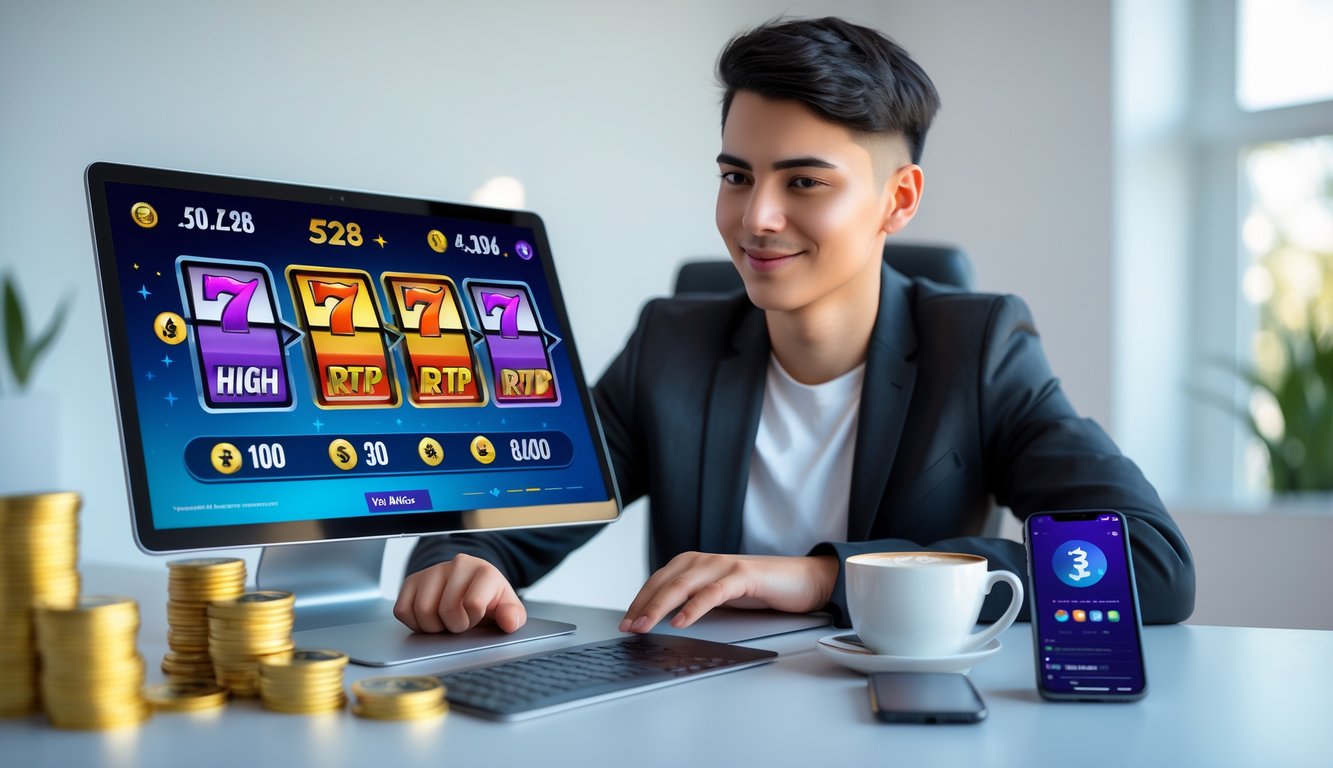 Seorang dewasa muda duduk di depan laptop dengan ekspresi percaya diri, terlihat fokus pada permainan slot online di layar, di meja terdapat tumpukan koin dan ponsel.
