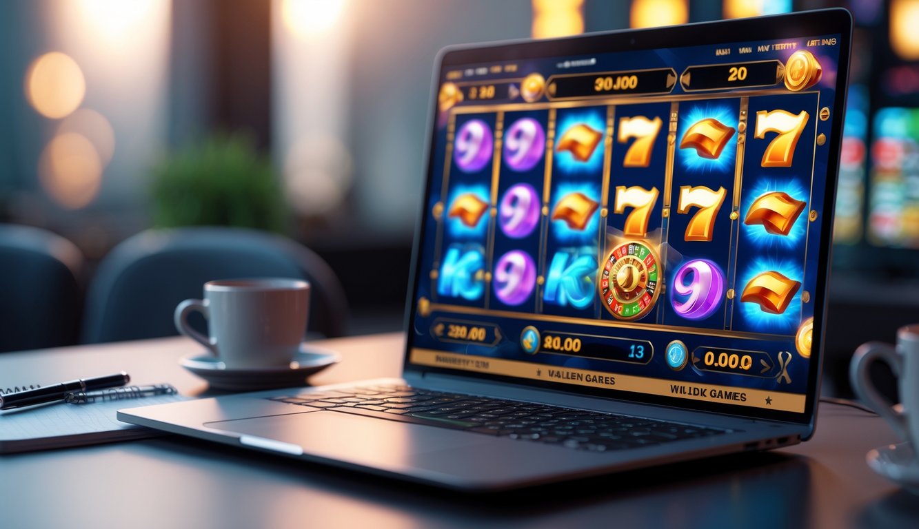 Seorang pengguna komputer dengan layar menampilkan permainan slot online berwarna-warni, dikelilingi oleh alat tulis dan suasana fokus.