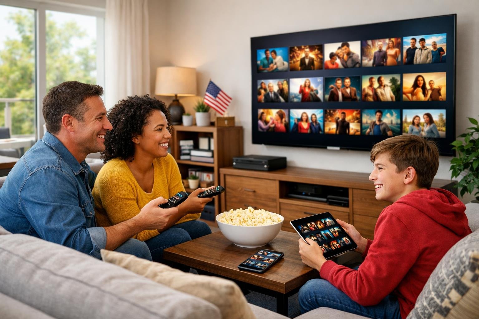A family in a living room watching a smart TV with streaming content on the screen.