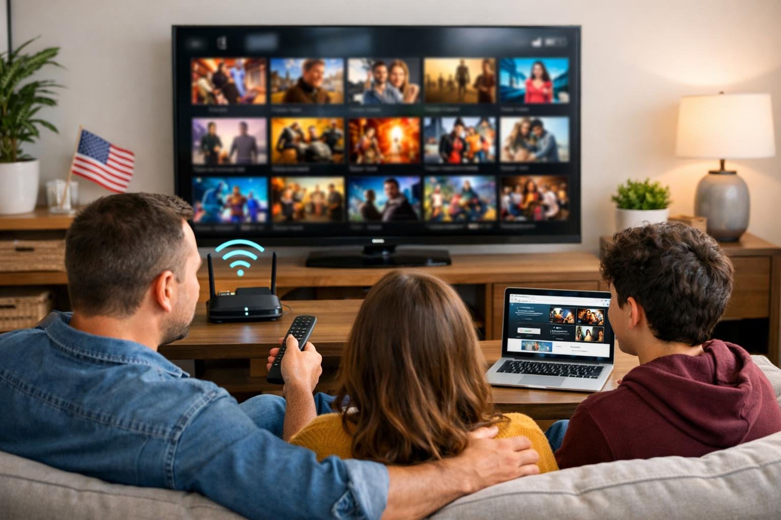 A family watching a smart TV with streaming content in a modern living room with a laptop and Wi-Fi router nearby.