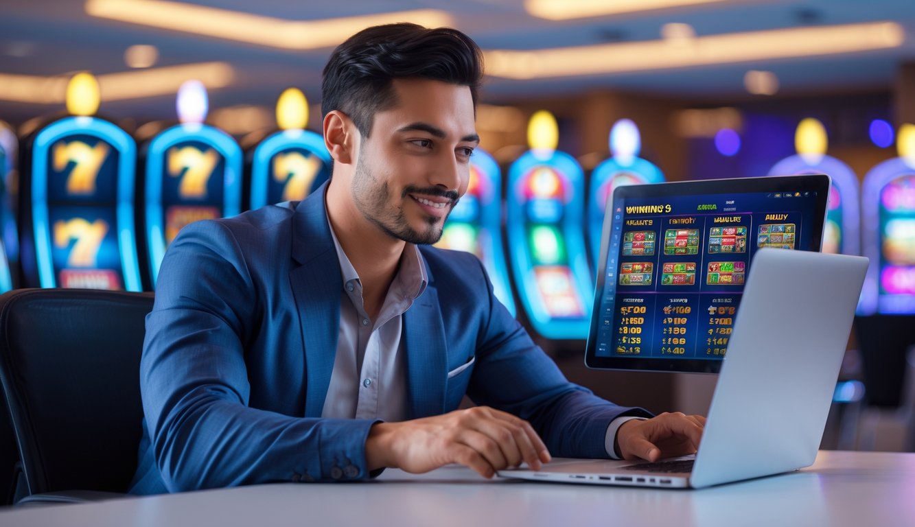 Seorang pria duduk di depan laptop dengan grafik mesin slot dan diagram strategi di layar, di ruangan kantor modern dengan latar belakang tema kasino samar.