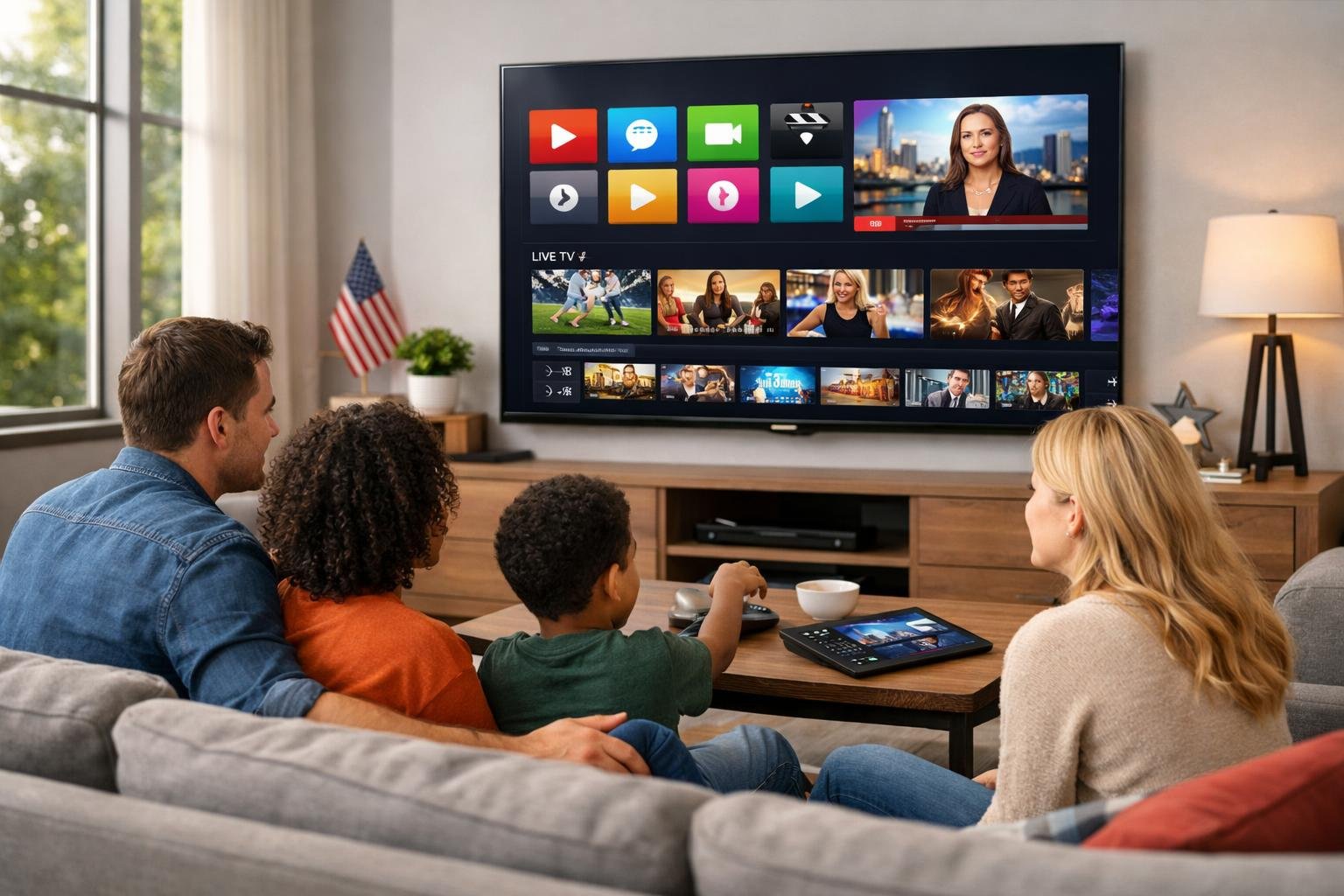A family watching a large smart TV in a modern living room with streaming apps on the screen.