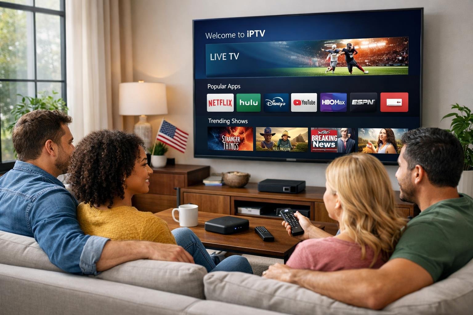 A group of adults watching a smart TV with streaming content in a modern living room decorated with subtle American-themed items.