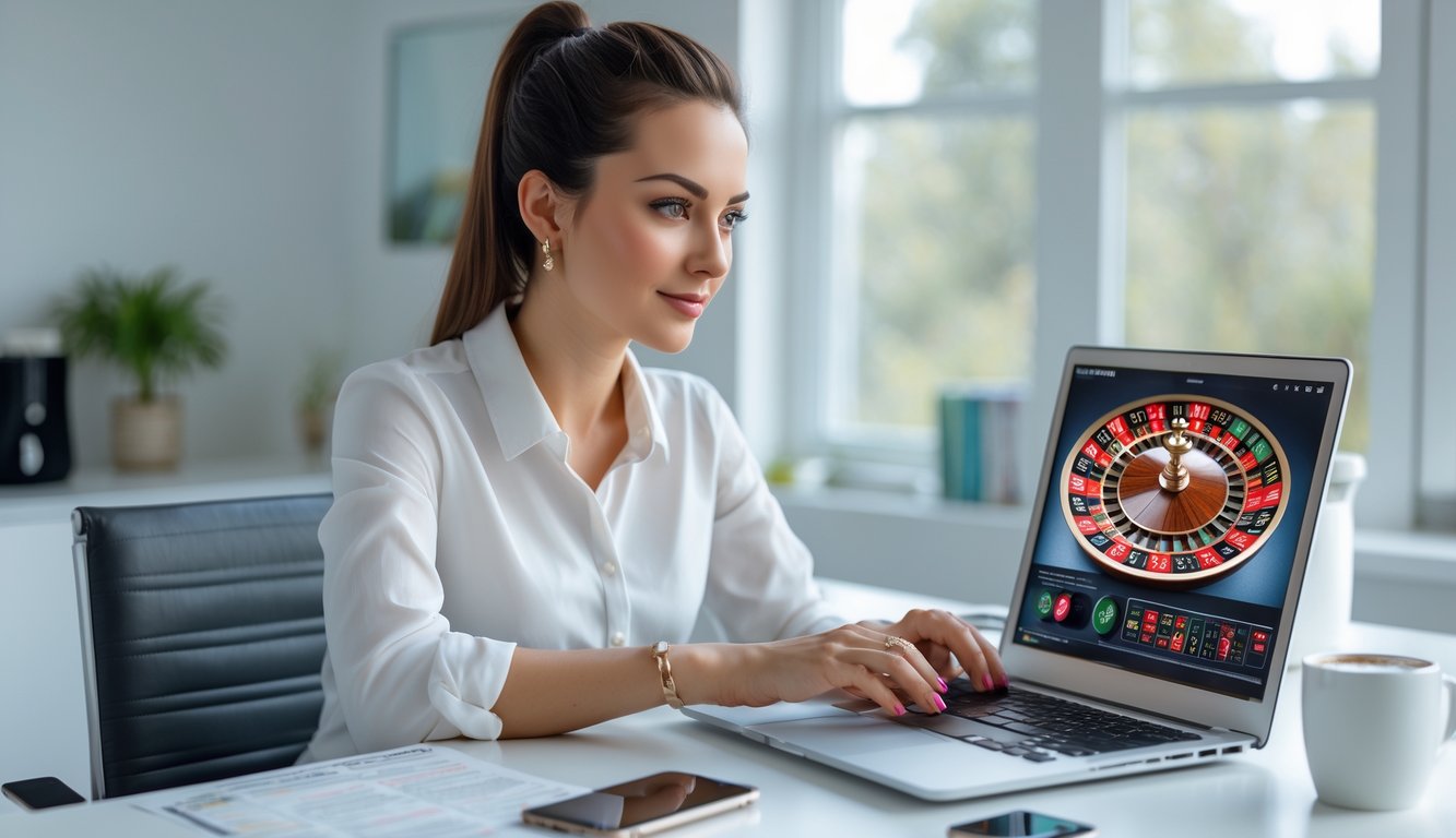 Seorang wanita muda duduk di meja kerja menggunakan laptop untuk memilih situs roulette online yang aman dan terpercaya.