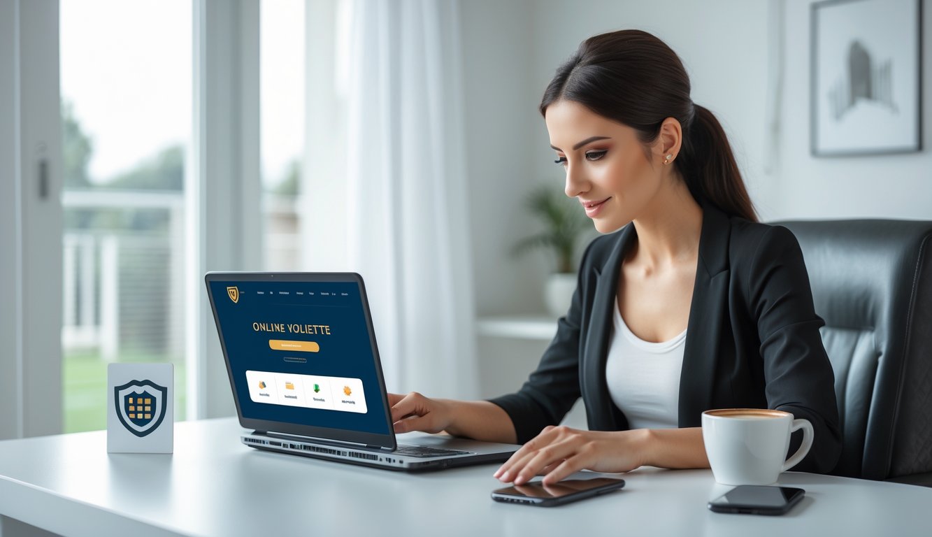 Seorang wanita muda duduk di meja dengan laptop, fokus memilih situs roulette online yang aman dan terpercaya.