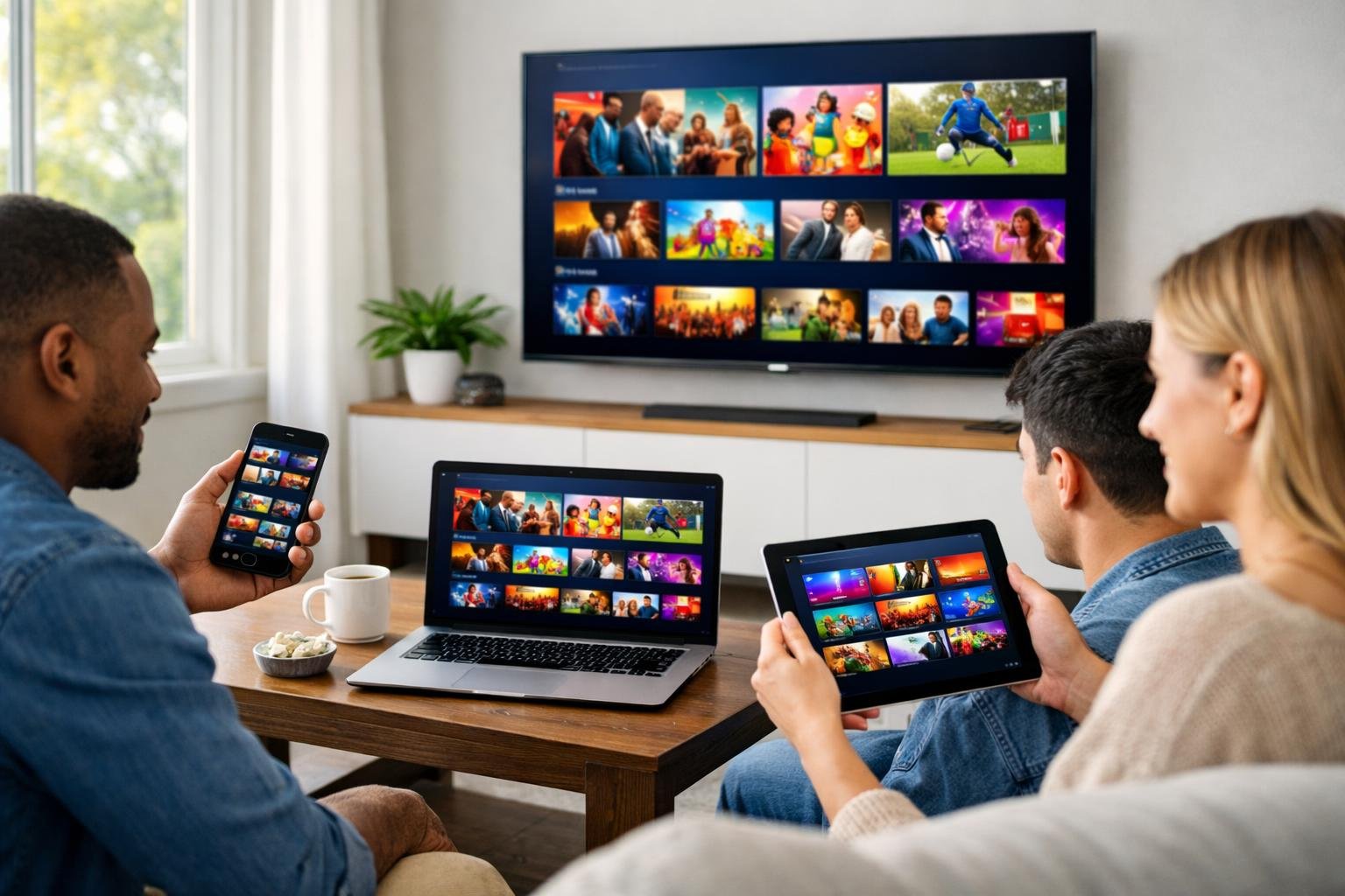 People in a living room using a smart TV, laptop, tablet, and smartphone simultaneously to stream video content.
