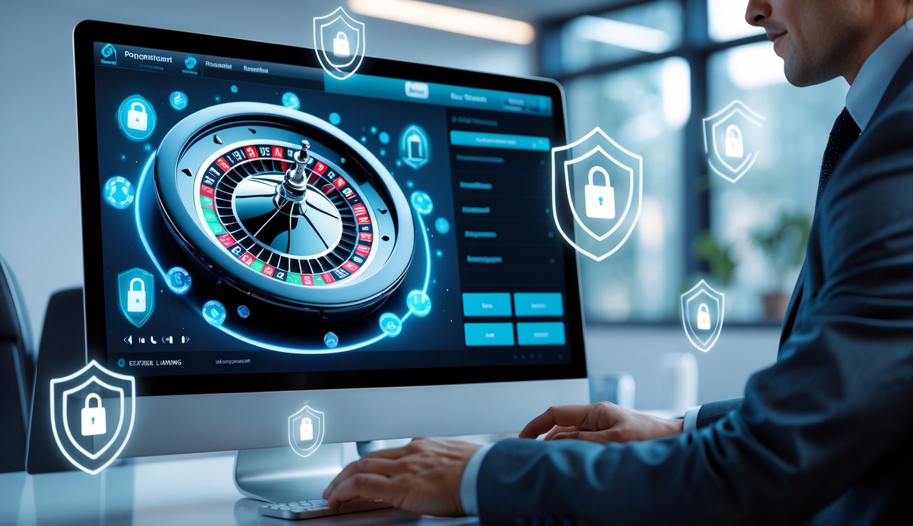 Seseorang menggunakan komputer dengan tampilan roda roulette digital dan ikon keamanan di latar belakang kantor modern.