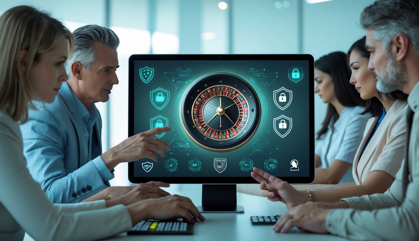 Orang-orang bermain roulette online di perangkat digital dengan ikon keamanan di latar belakang yang menunjukkan sistem keamanan tingkat tinggi.