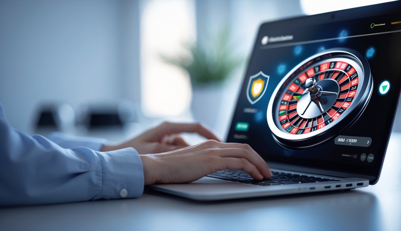 Seseorang menggunakan laptop dengan tampilan roda roulette online di layar dalam suasana yang aman dan terpercaya.