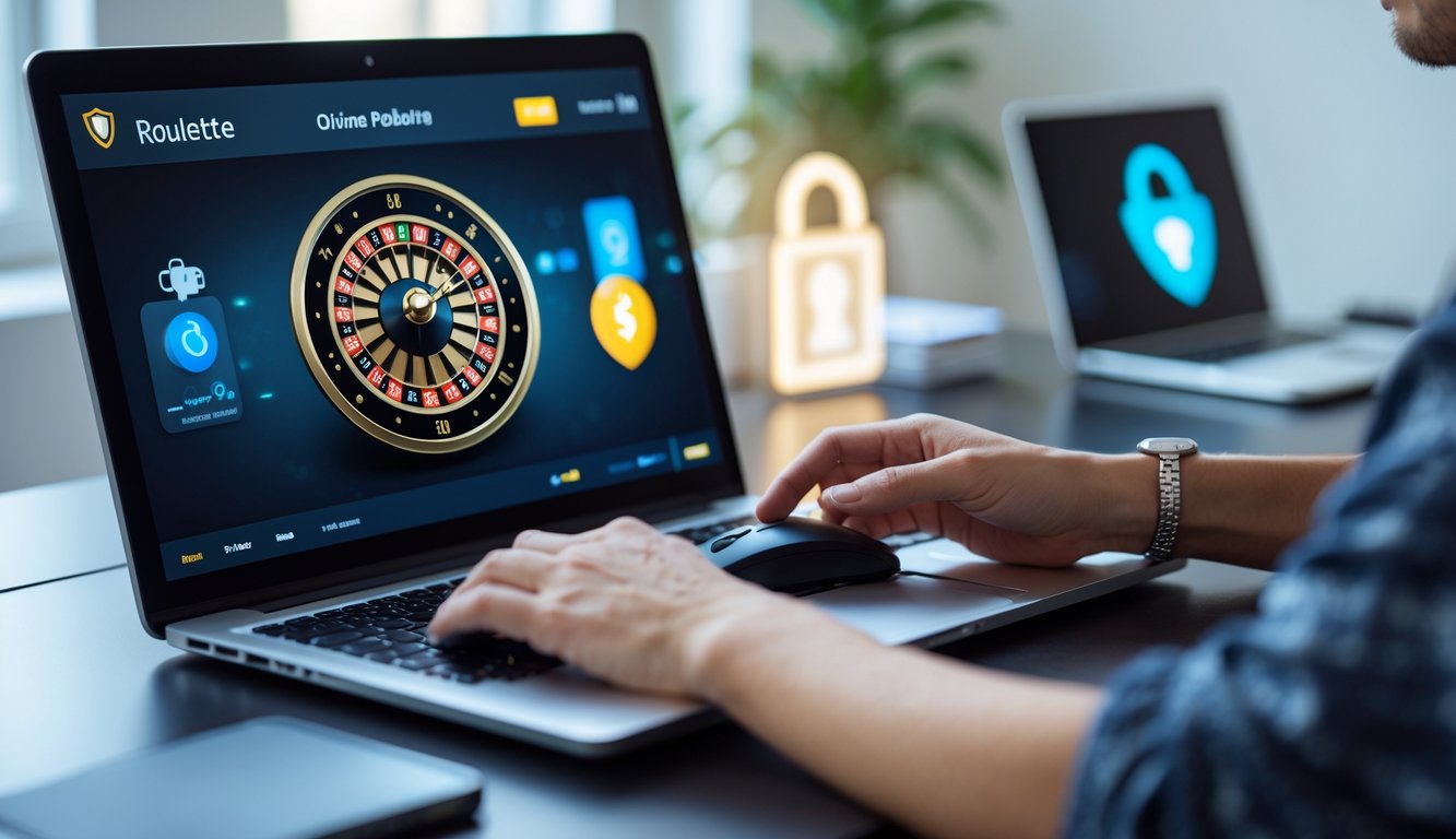 Seseorang bermain roulette online dengan laptop di ruang kerja modern yang rapi dan terang.