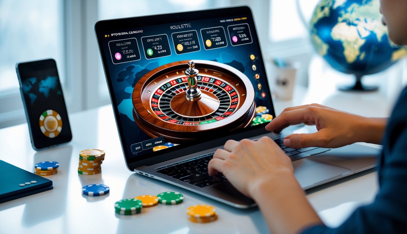 Seseorang menggunakan komputer dengan tampilan permainan roulette online yang jelas dan berwarna-warni di layar.