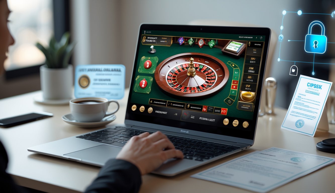 Seseorang menggunakan komputer dengan tampilan permainan roulette online dan simbol keamanan di latar belakang.