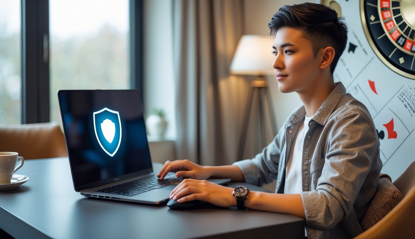 Seorang pemain muda duduk di depan laptop dengan permainan roulette online, terlihat fokus dan percaya diri di ruangan yang nyaman dan terang.