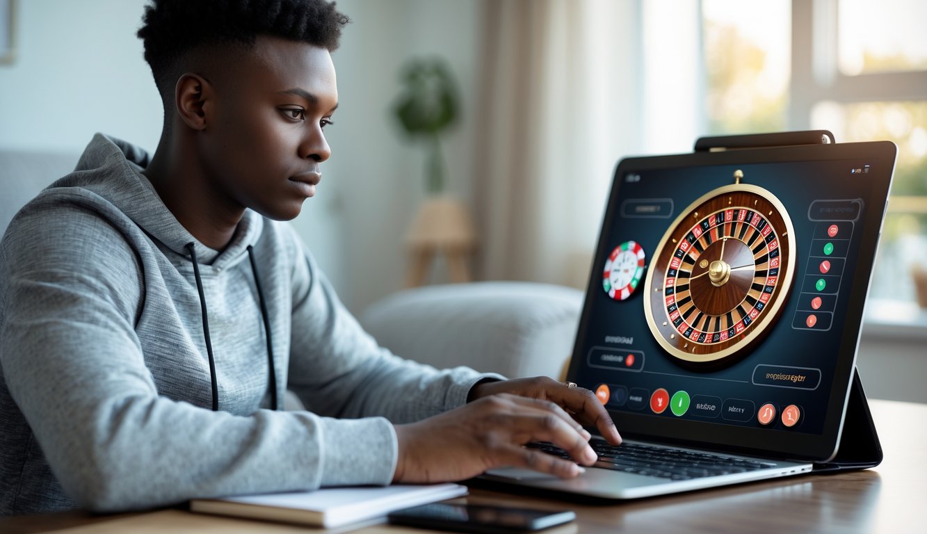 Seorang pemain muda serius menggunakan laptop untuk bermain roulette online di ruangan yang nyaman dan terang.