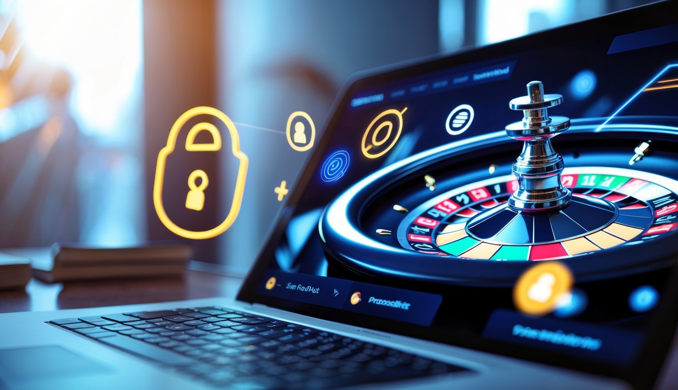 Tampilan dekat sebuah layar komputer menampilkan roda roulette digital dengan ikon transaksi cepat dan aman di sekitarnya.