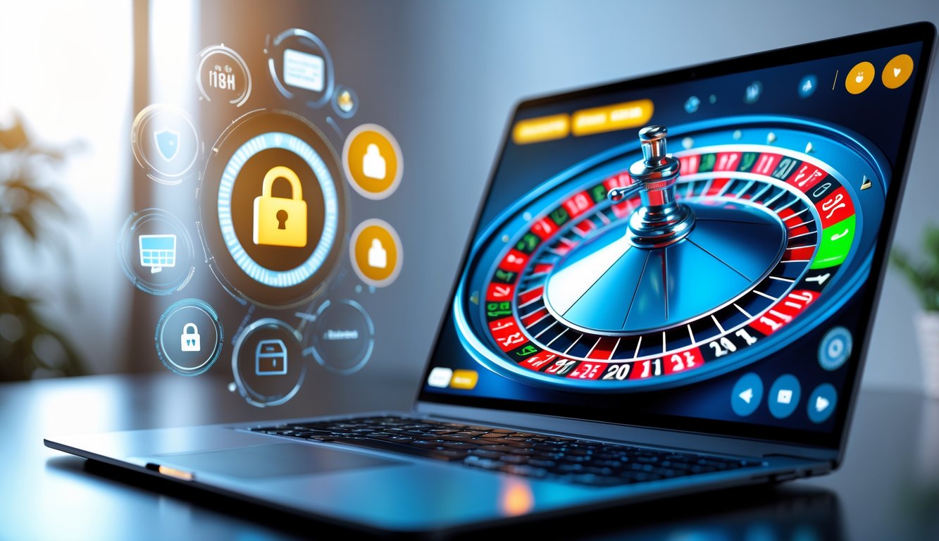 Sebuah komputer menampilkan roda roulette virtual dengan simbol pembayaran digital dan ikon keamanan di sekitarnya.