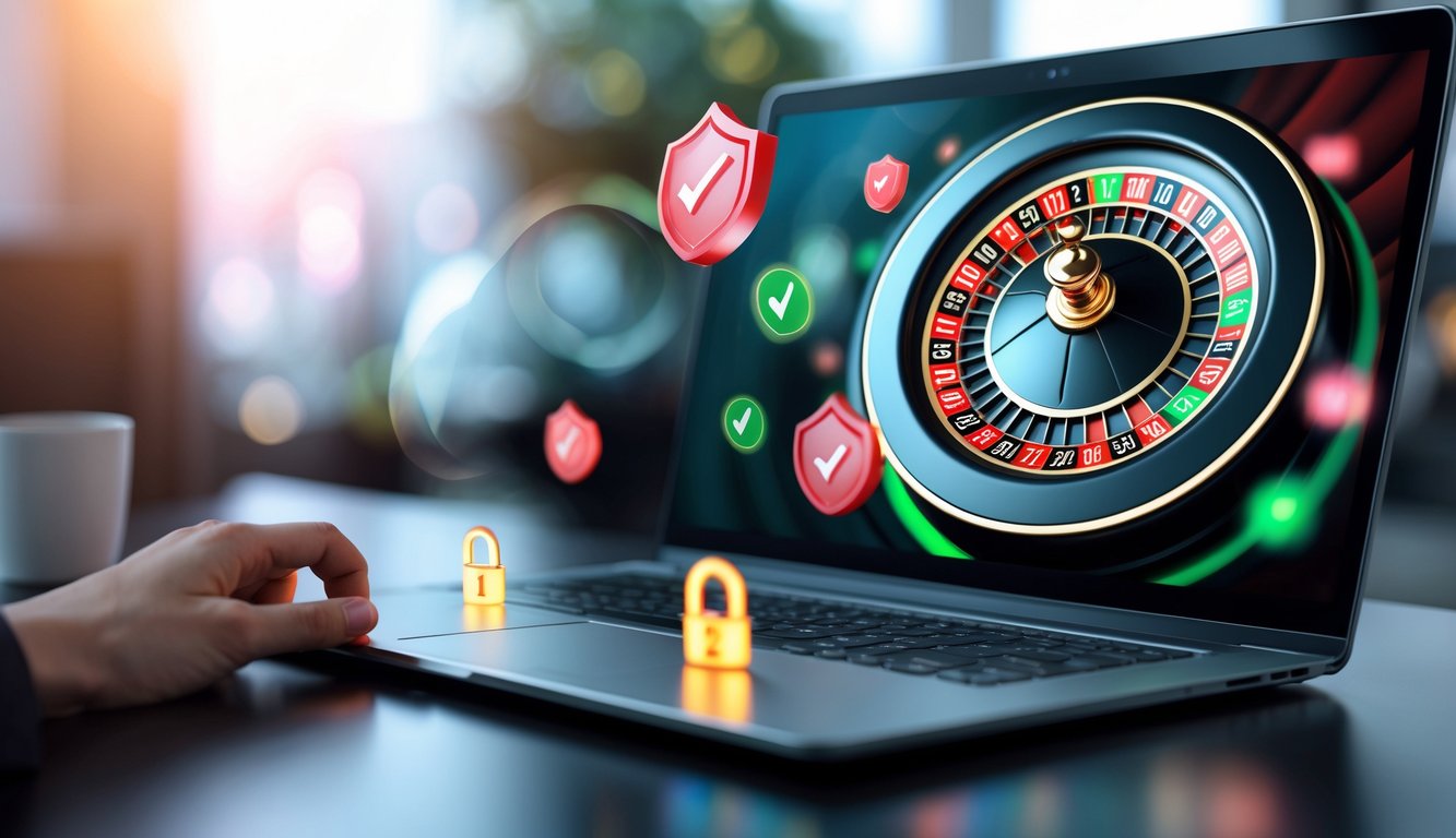 Sebuah layar komputer menampilkan roda roulette digital dengan ikon keamanan di sekitarnya, menggambarkan situs roulette online yang aman dan terpercaya.