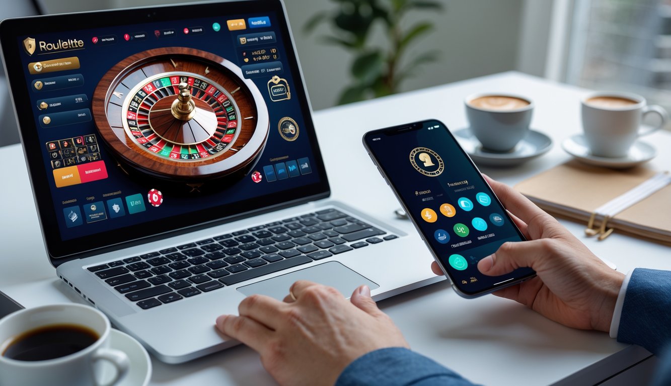 Seseorang menggunakan laptop dan ponsel untuk bermain roulette online dengan tampilan antarmuka roda roulette dan simbol keamanan di layar.