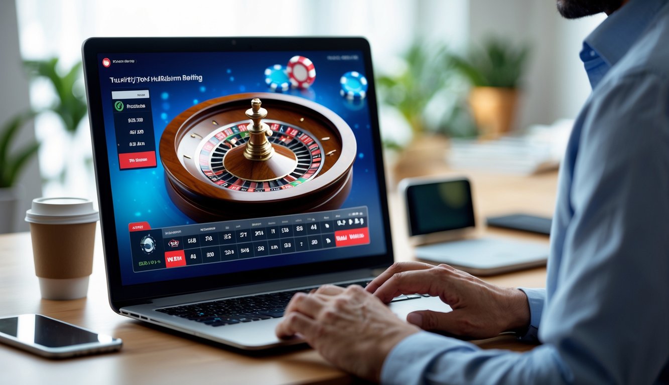 Seorang pengguna sedang berinteraksi dengan komputer yang menampilkan roda roulette digital dalam lingkungan rumah atau kantor yang rapi dan terang.