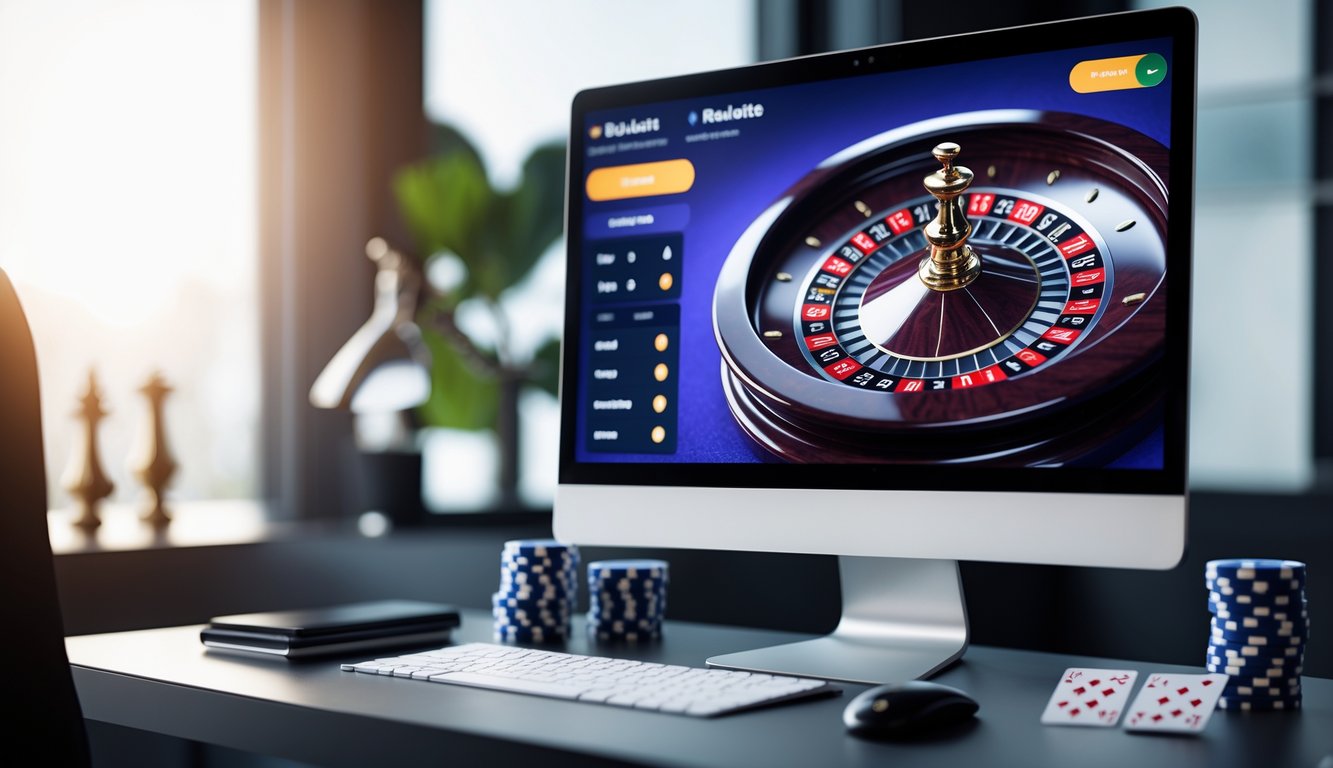 Sebuah meja kerja modern dengan komputer menampilkan permainan roulette online yang berwarna-warni, dikelilingi oleh chip poker dan kartu remi.