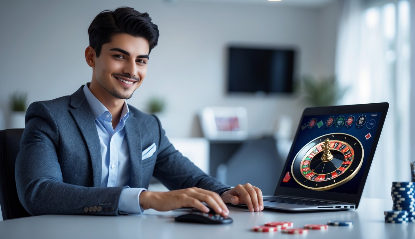 Seorang dewasa muda duduk di meja modern sambil bermain roulette online di laptop dengan ekspresi percaya diri dan senang.