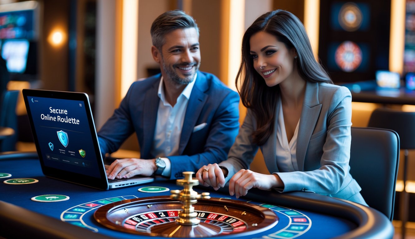 Dua orang dewasa sedang bermain roulette online dengan perangkat digital di meja kasino modern yang aman dan terpercaya.