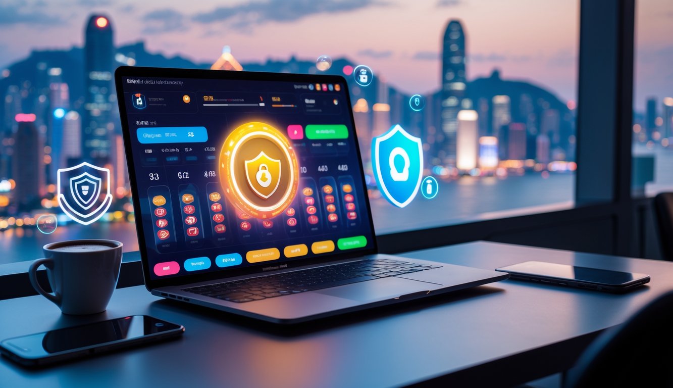 Sebuah ruang kerja modern dengan laptop menampilkan antarmuka permainan togel online, dengan latar belakang kota Hong Kong saat senja.