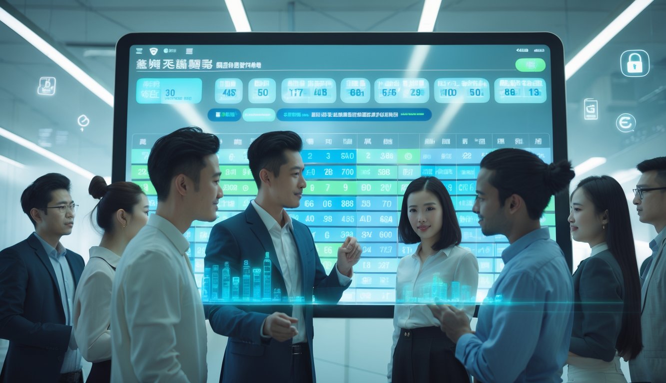 Sekelompok orang muda sedang menggunakan antarmuka digital modern untuk bermain judi togel online Hongkong dengan latar kantor futuristik.