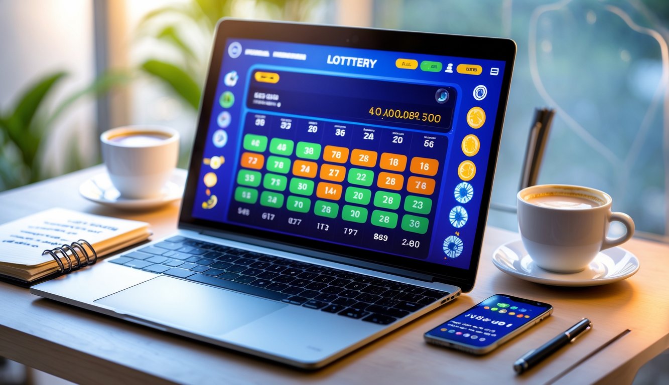 Meja kerja modern dengan laptop yang menampilkan antarmuka permainan togel online, dikelilingi oleh cangkir kopi, ponsel, dan catatan.
