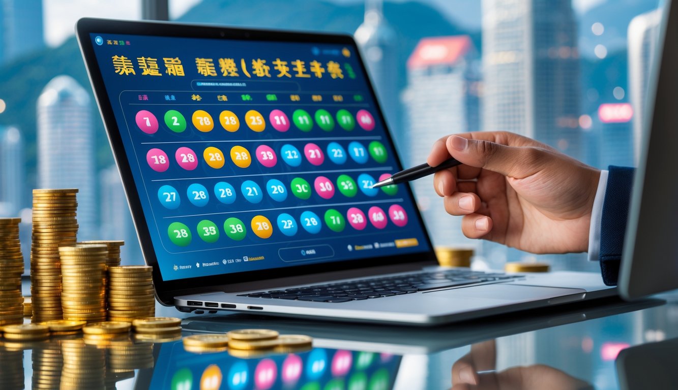 Seorang pengguna sedang melihat layar komputer dengan angka togel dan koin emas di meja, dengan latar belakang kota Hong Kong yang samar.