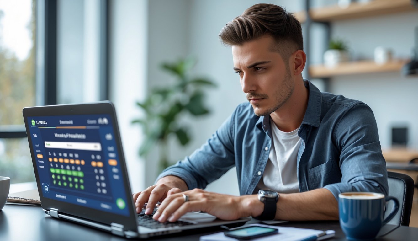 Seorang pria muda duduk di meja dengan laptop, fokus pada layar komputer yang menampilkan antarmuka judi online, di ruang kerja yang rapi dan terang.