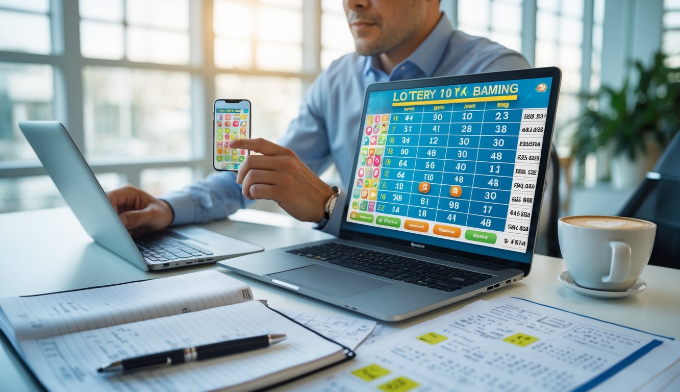 Seseorang duduk di meja kerja modern, fokus menganalisis angka dan strategi togel online dengan laptop dan catatan di depan mereka.