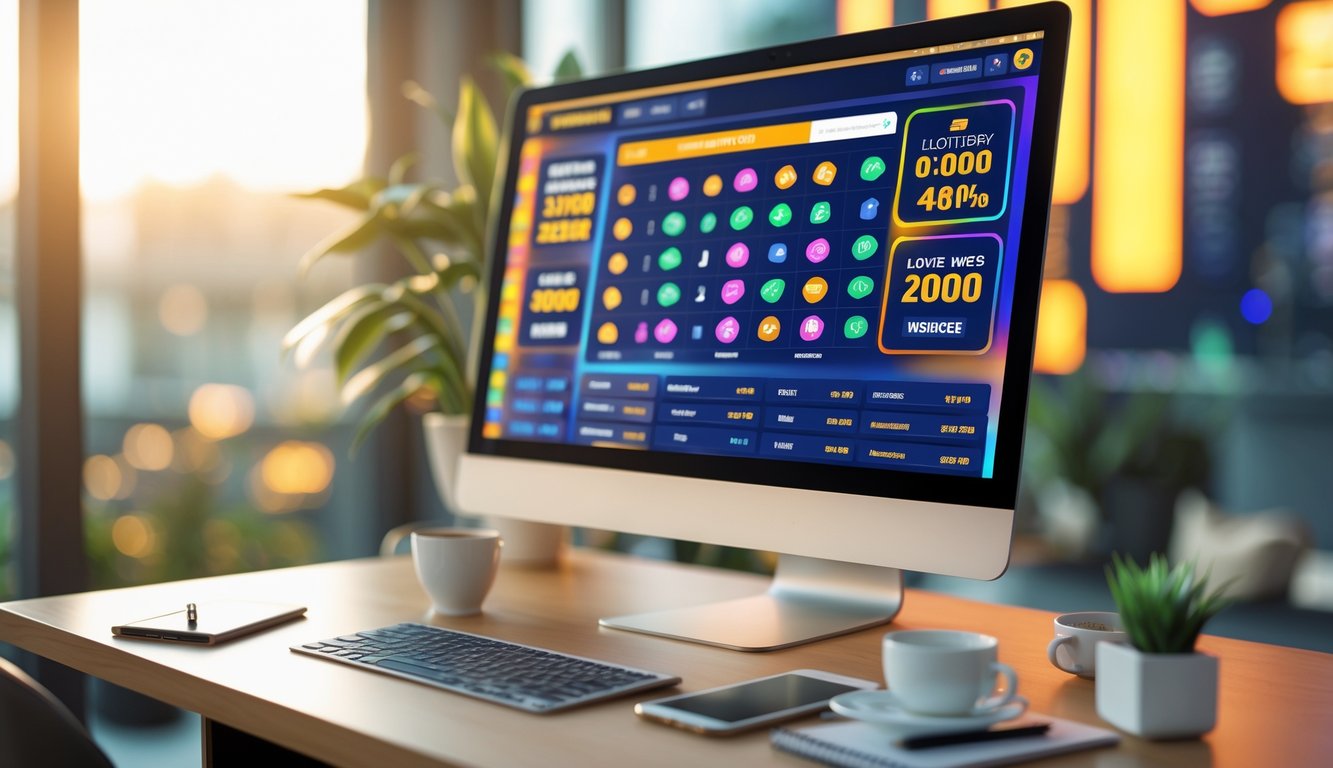 Meja kerja modern dengan komputer yang menampilkan antarmuka situs lotere online, smartphone, kopi, dan tanaman kecil.