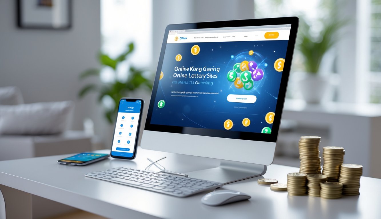 Seorang pengguna duduk di depan komputer dengan layar menampilkan situs togel online, dikelilingi oleh smartphone dan kartu kredit di meja yang rapi.