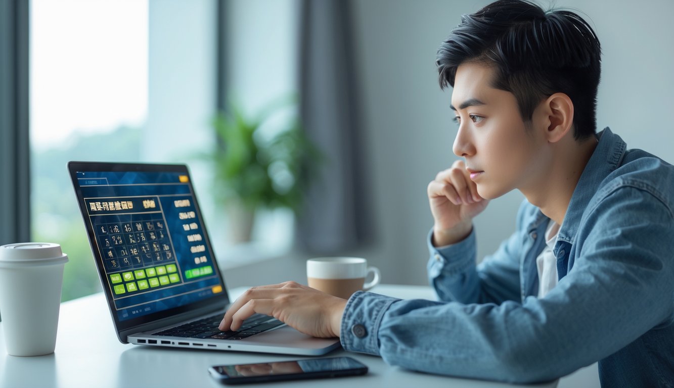 Seorang dewasa muda duduk di meja dengan laptop terbuka, terlihat fokus bermain togel Hongkong online di ruang kerja rumah yang terang.