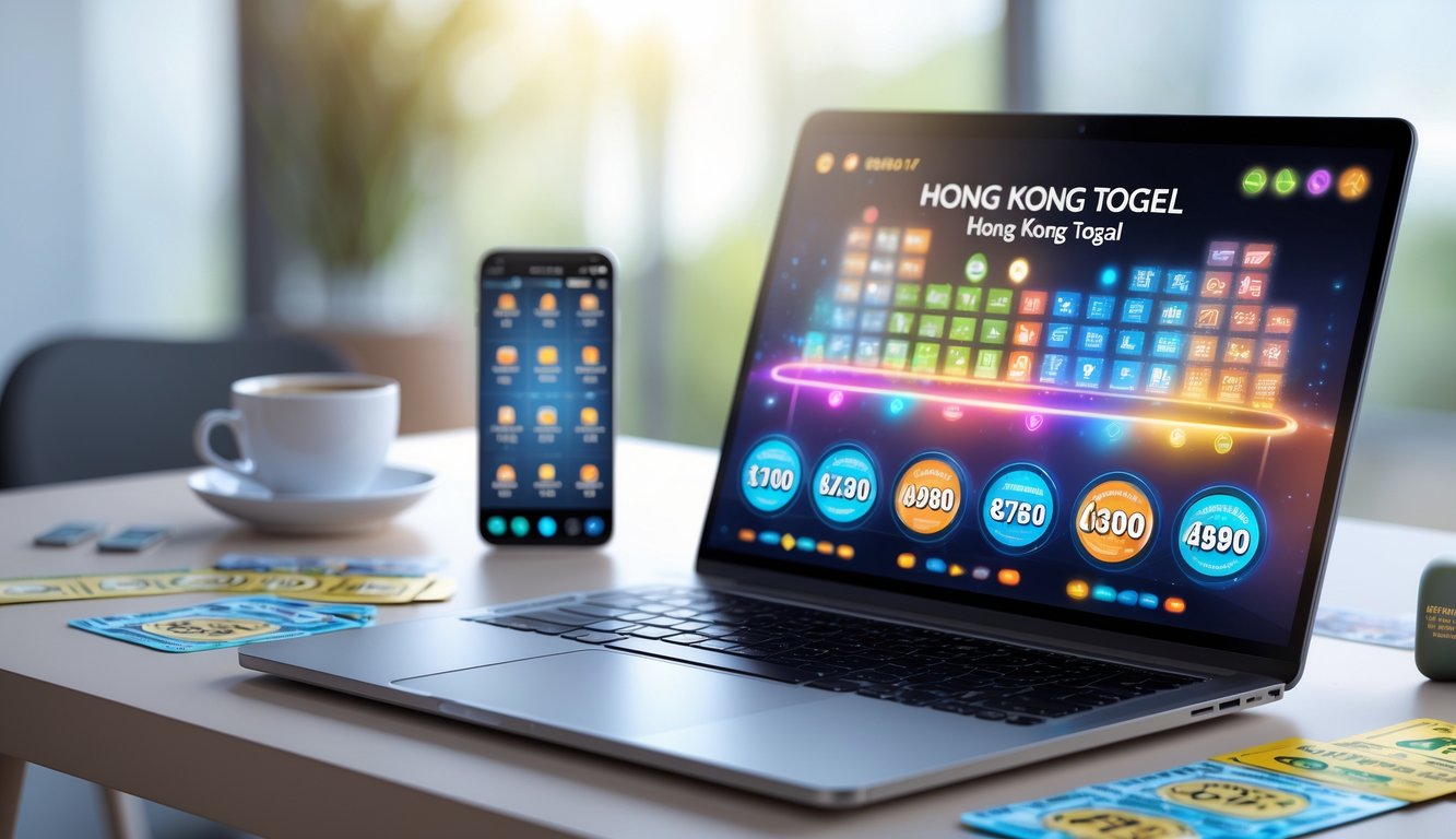 Seorang pengguna duduk di depan laptop dengan layar menampilkan angka dan grafik togel, di meja terdapat tiket togel, ponsel, dan secangkir kopi.