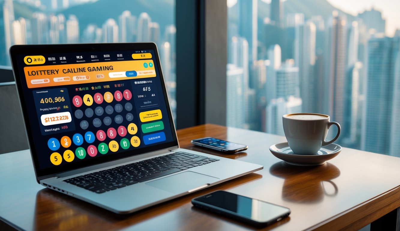 Meja kerja modern dengan laptop dan ponsel yang menampilkan aplikasi judi togel online, secangkir kopi, dan pemandangan kota Hong Kong di latar belakang.