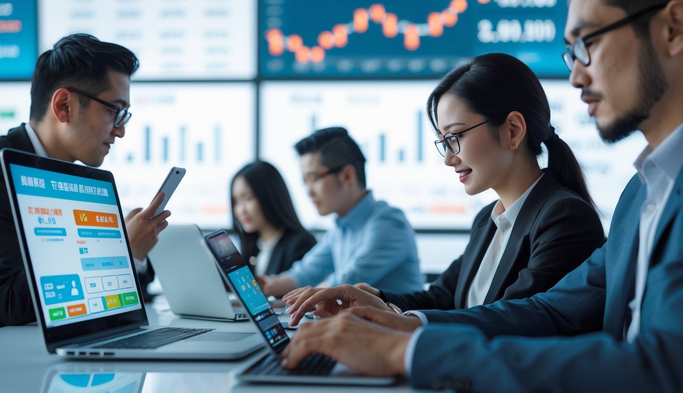 Orang-orang menggunakan perangkat digital di ruang kantor modern yang terang, fokus pada aktivitas permainan togel online dengan suasana profesional dan terpercaya.