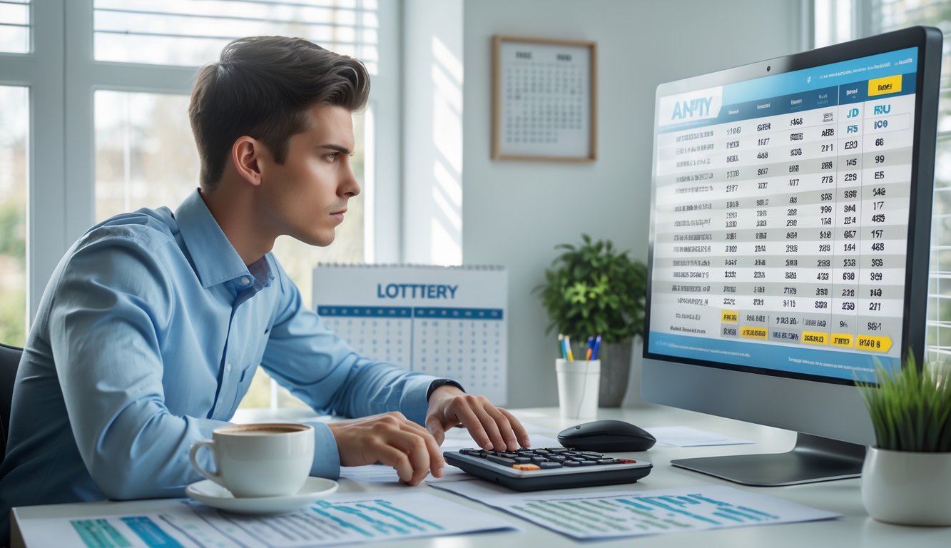 Seorang pria muda duduk di meja kerja sambil melihat layar komputer dan menganalisis angka-angka togel dengan alat tulis di meja.