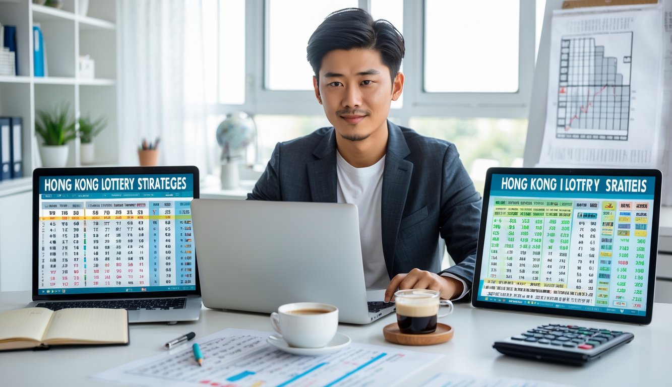 Seorang pria Asia muda duduk di meja kerja dengan beberapa perangkat digital menampilkan angka dan grafik togel, sedang menganalisis data dengan serius di ruang kerja yang terang dan rapi.