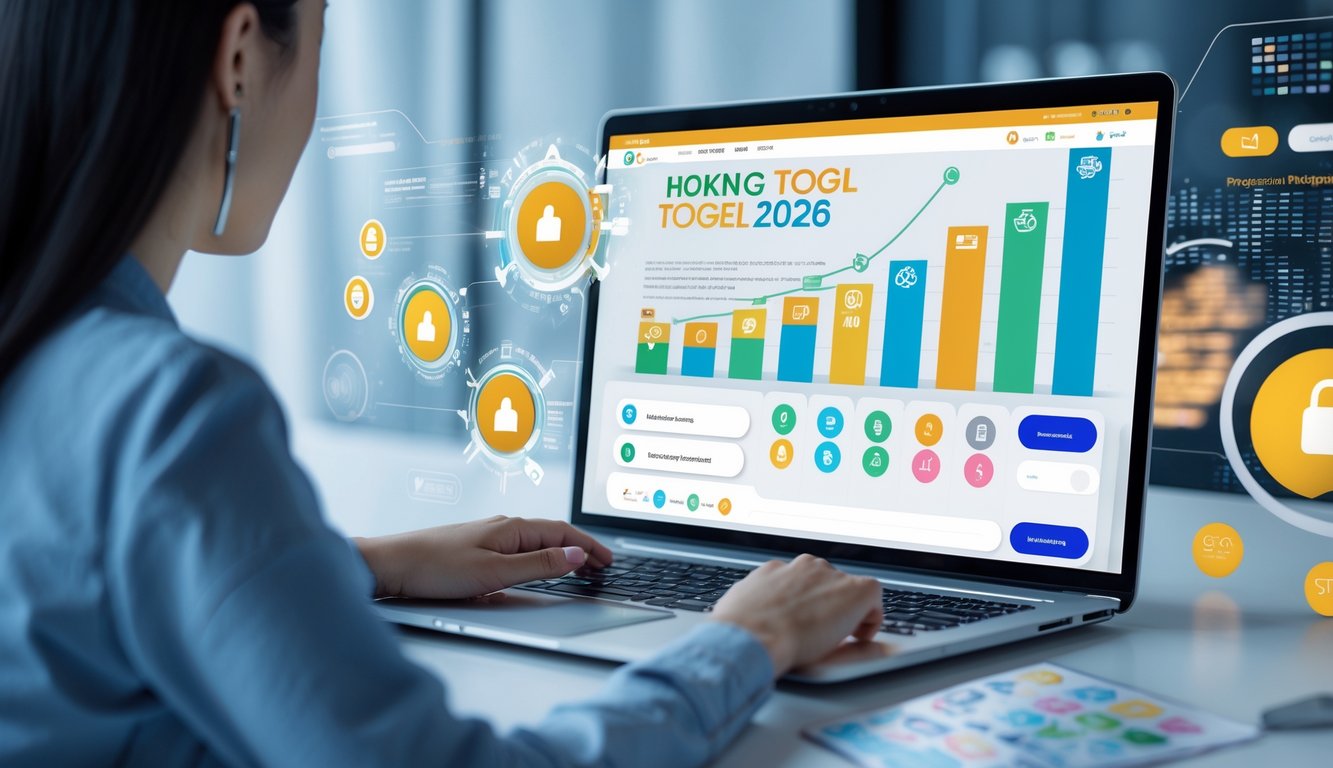 Seseorang menggunakan laptop di meja kerja dengan tampilan layar platform togel online Hongkong yang menampilkan sistem permainan adil.