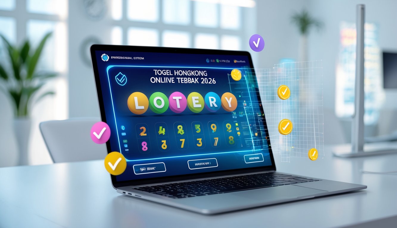 Seorang profesional menggunakan laptop yang menampilkan antarmuka togel online dengan elemen keamanan dan suasana kantor modern.