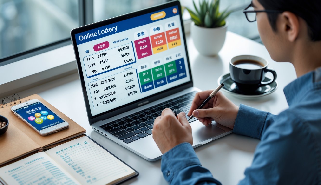 Seseorang sedang menganalisis data togel Hongkong di depan laptop dengan catatan dan alat tulis di meja kerja.